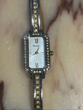 Pulsar Two-Tone Silver and Gold Crystal Accent Women'sBracelet Watch new Battery